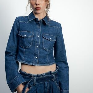 ZARA Trf crop denim shirt dark indigo L NWT